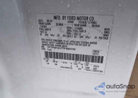 2007 Ford F-150 Lariat/Xlt from USA, damaged, VIN 1FTPW12V77FB85750